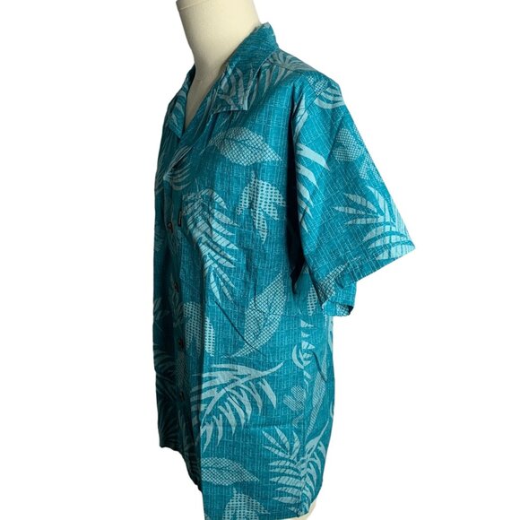 Palmwave Button Up Hawaiian Camp Shirt L Blue Floral Leaves Pocket Short Sleeve - Picture 4 of 6